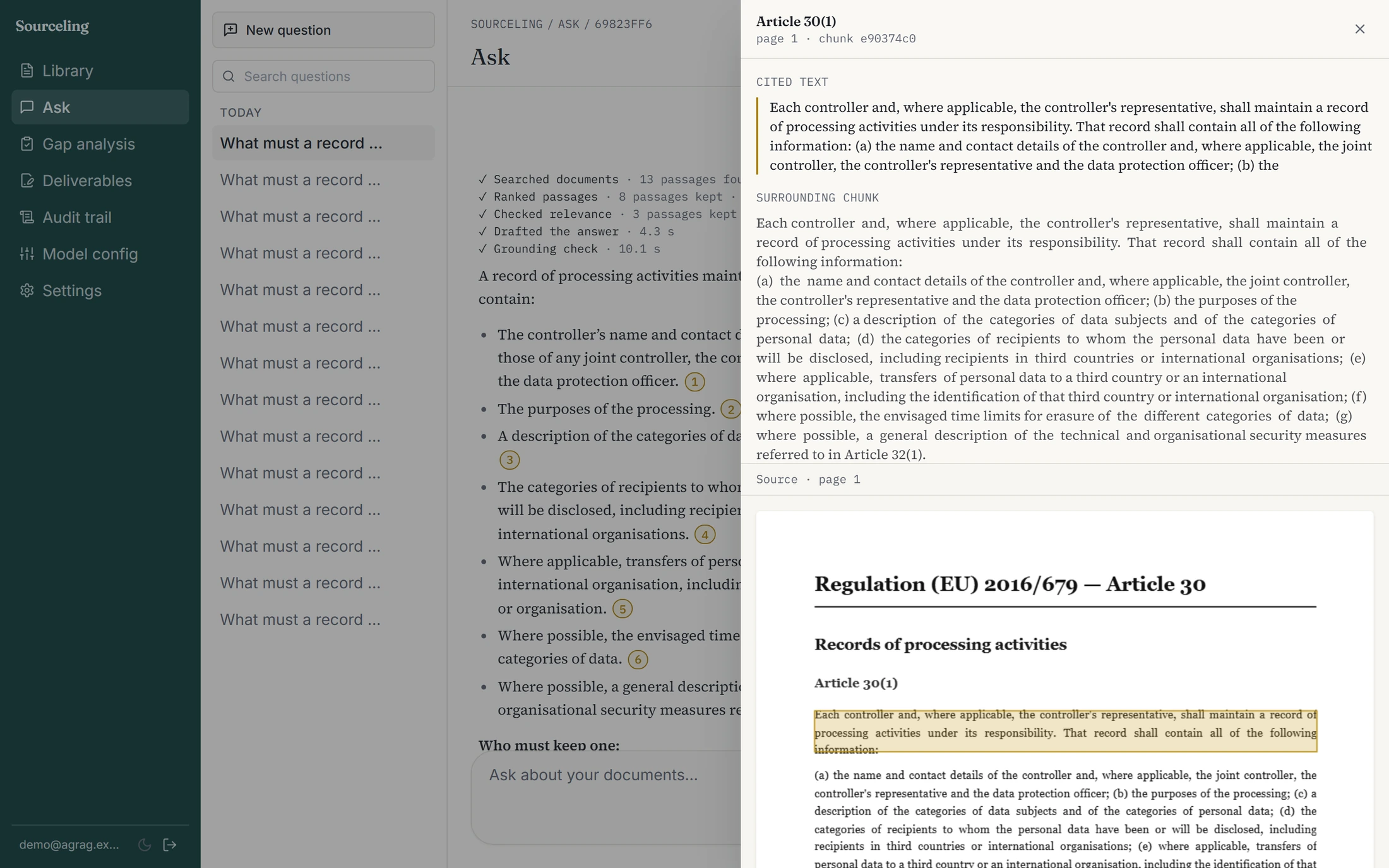 The same answer with an evidence panel open over the right half of the window. It is headed Article 30 paragraph 1, page 1, chunk 38a281b1. A section labelled CITED TEXT quotes the sentence the chip was attached to. Below it a section labelled SURROUNDING CHUNK gives the fuller passage, and below that the source PDF is rendered, with the cited sentence highlighted in a gold band.
