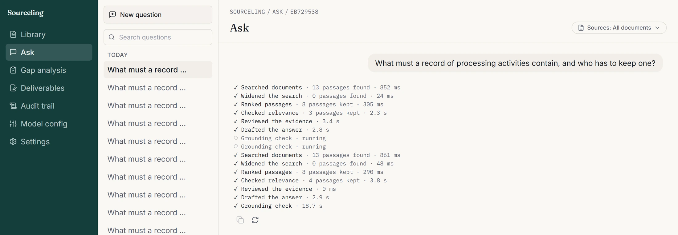 The same question on the gateway path. The phase list runs twice over, each pass ending in a grounding check, the second taking 18.7 seconds. Below the list there is no answer at all, only the copy and regenerate controls and empty space.