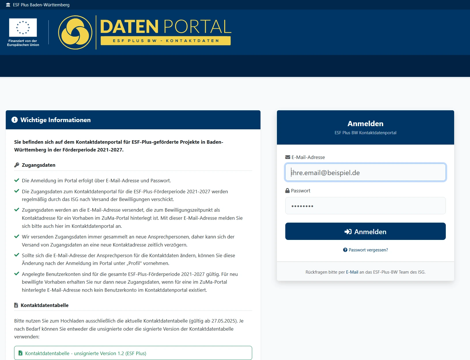 The sign-in page. A panel headed Wichtige Informationen explains where credentials come from and who issues them; the sign-in form sits to its right.