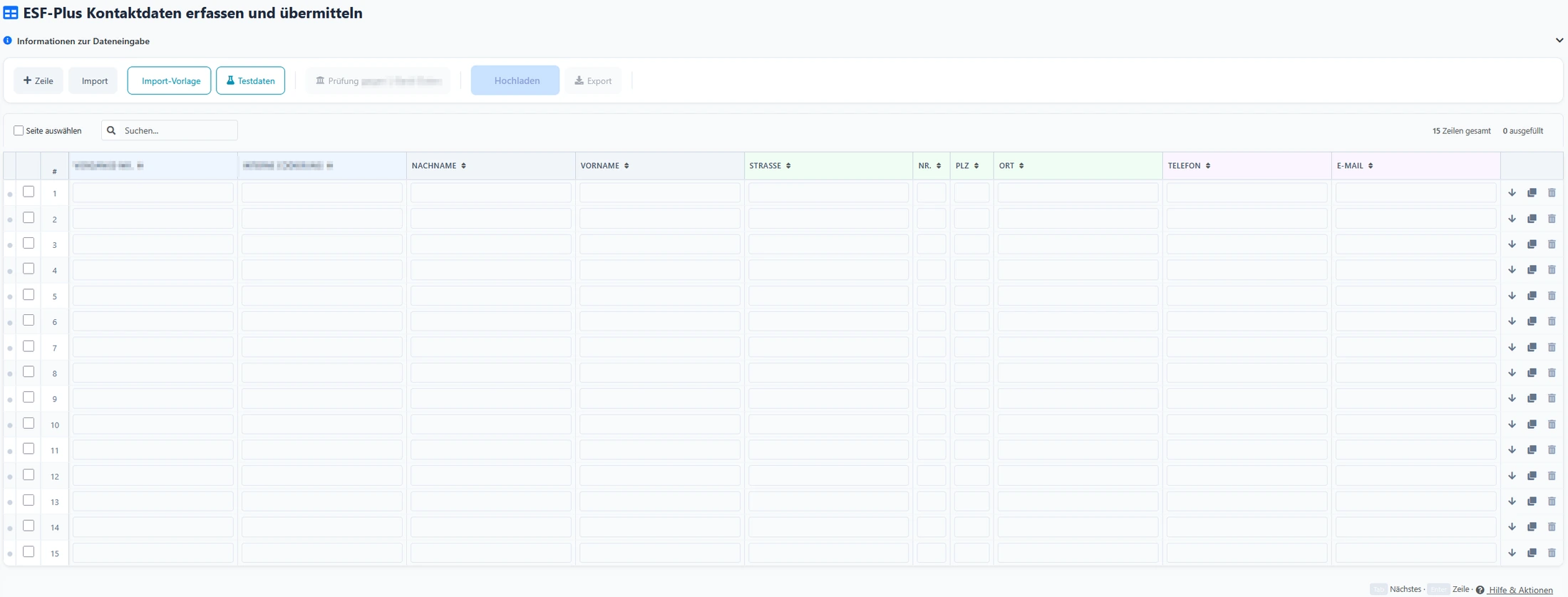 The contact-data entry grid, shown empty, with columns for surname, first name, street, postcode, town, telephone and e-mail, and buttons to import, validate, upload and export.