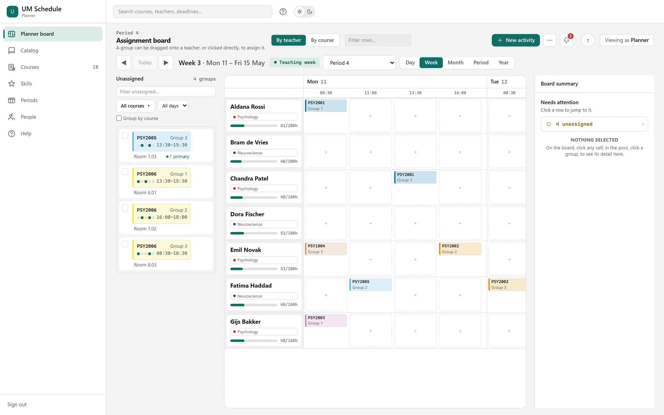 The planner board. Teachers are listed down the left with their assigned hours against a cap; teaching groups sit in a pool on the far left waiting to be dragged onto a row. A control in the header reads Viewing as Planner.